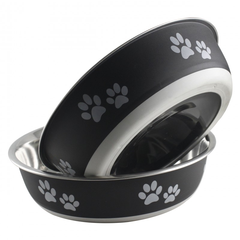 Indipets Brushed Stainless Steel Insulated Bowl with Paw Prints Feeder 32 oz